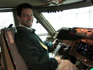 Rob visiting the captain's seat in a 747.