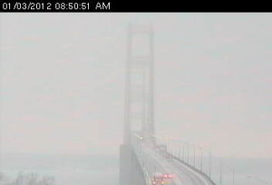 A webcam photograph of the Mackinac Bridge dated 01/03/2012 08:50:51 AM.