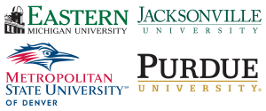 Logos of EMU, Jacksonville, MSU Denver, and Purdue.